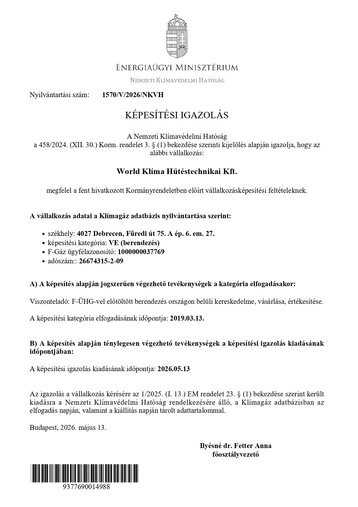 F-gáz VE kategóriás képesítés klíma berendezések telepítéséhez és karbantartásához