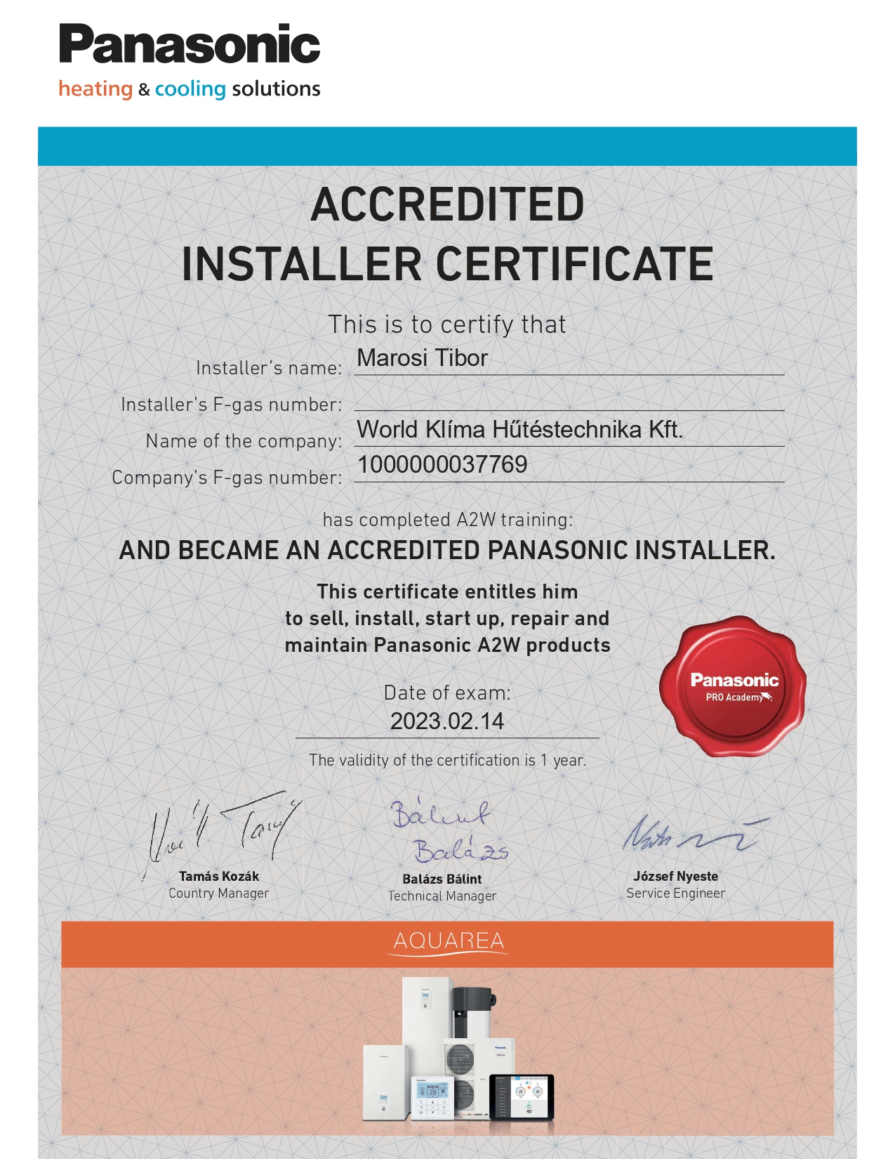 Panasonic accredited installer tanúsítvány klíma telepítéshez Debrecen
